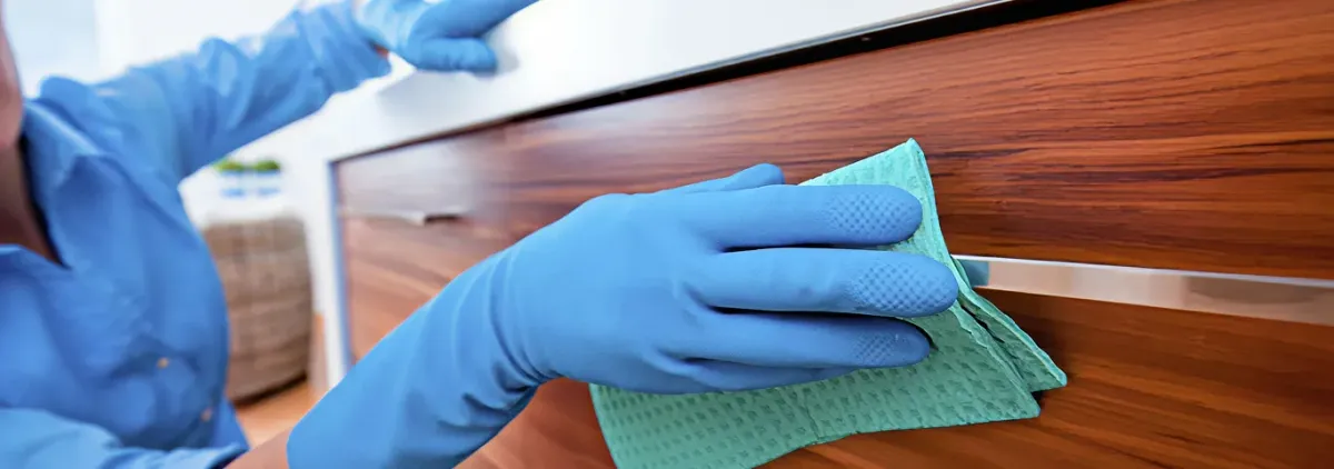 Cleaner wearing blue gloves wiping a wooden cabinet drawer with a microfiber cloth for dust and grime removal, Mesa, AZ.