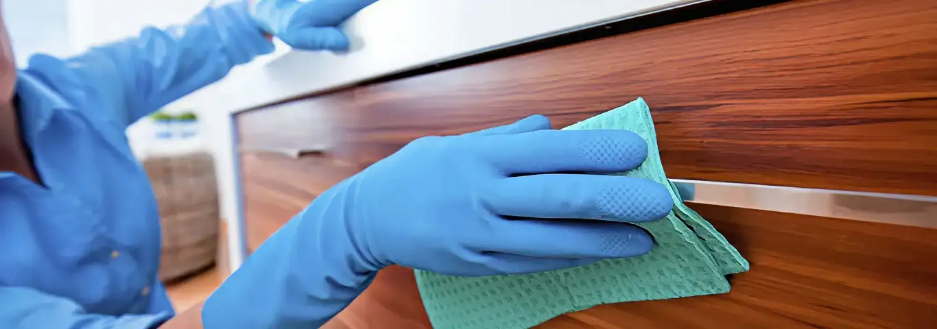 Cleaner wearing blue gloves wiping a wooden cabinet drawer with a microfiber cloth for dust and grime removal, Mesa, AZ.