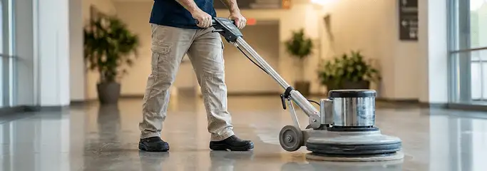 Professional technician using an industrial floor buffer to polish and maintain shiny commercial flooring in a corporate hallway in Mesa, AZ.
