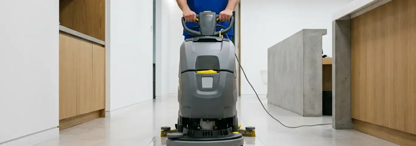 Janitorial staff using a floor scrubber machine to clean a commercial hallway, Mesa, AZ.