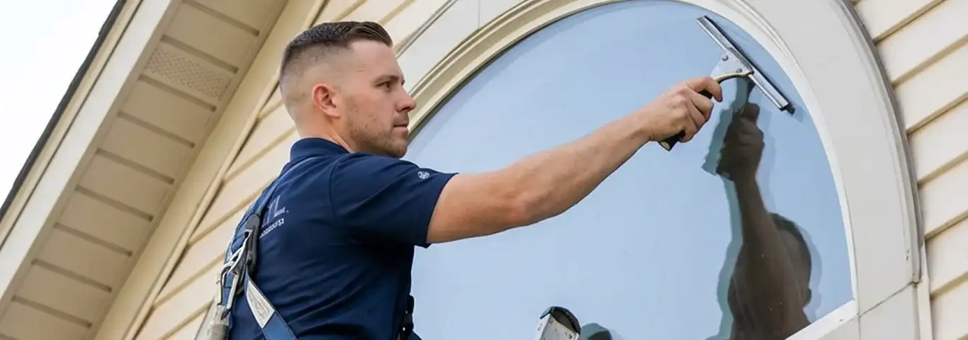 Professional window cleaner using a squeegee to clean an exterior arched window on a home, Mesa, AZ.
