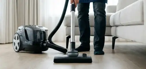 Professional house cleaner vacuuming a living room floor with a canister vacuum cleaner, Mesa, AZ.