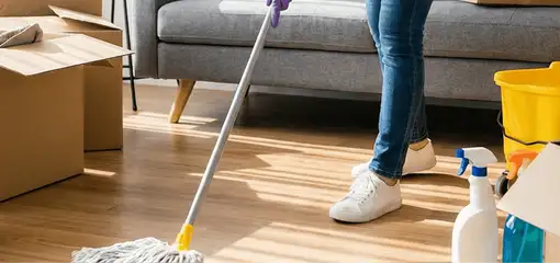 Move-out cleaning setup with a cleaner mopping hardwood floors near moving boxes and cleaning supplies, Mesa, AZ.