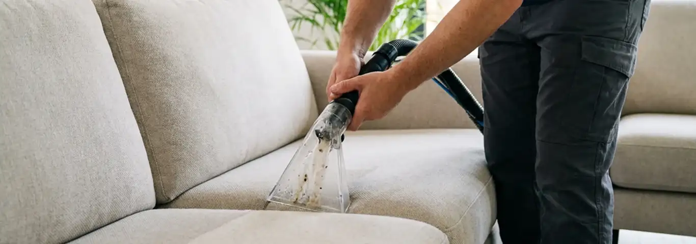 Technician extracting dirt and moisture from a fabric sofa with an upholstery cleaning wand, Mesa, AZ.