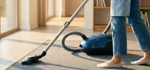 Person vacuuming a living room rug with a canister vacuum cleaner near large windows, Mesa, AZ.